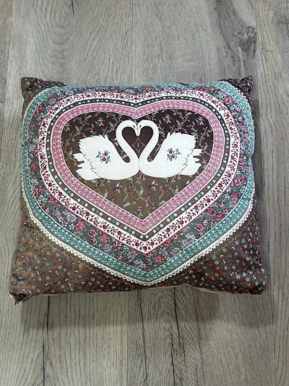 Vintage 80s Calico Floral Swan Heart Accent Pillow Cottagecore Country Shabby